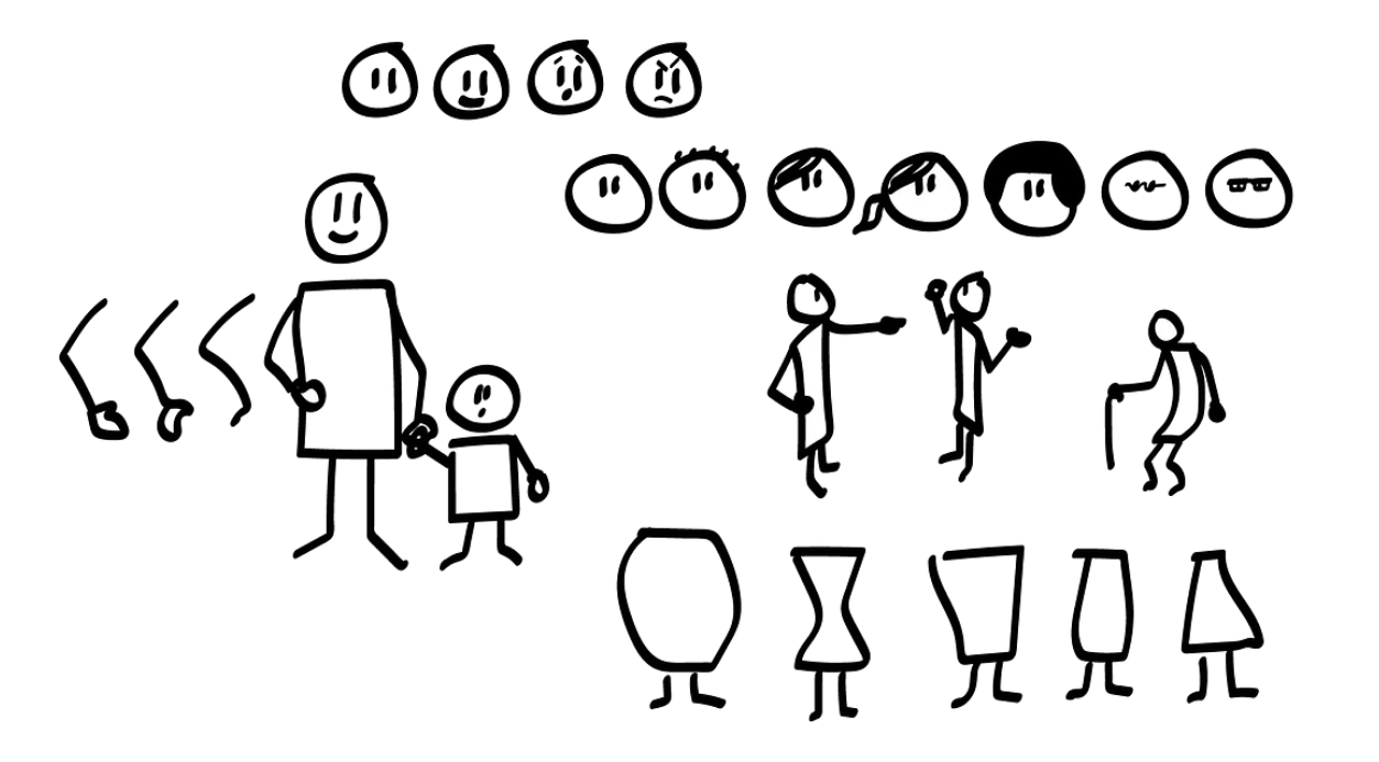 Drawing of peoples' faces, bodyparts, body-sizes and -shapes and different people, young and old.