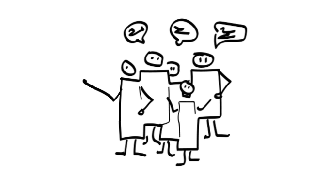 Group of people talking and looking a little agitated, arms raised and shouting/talking.