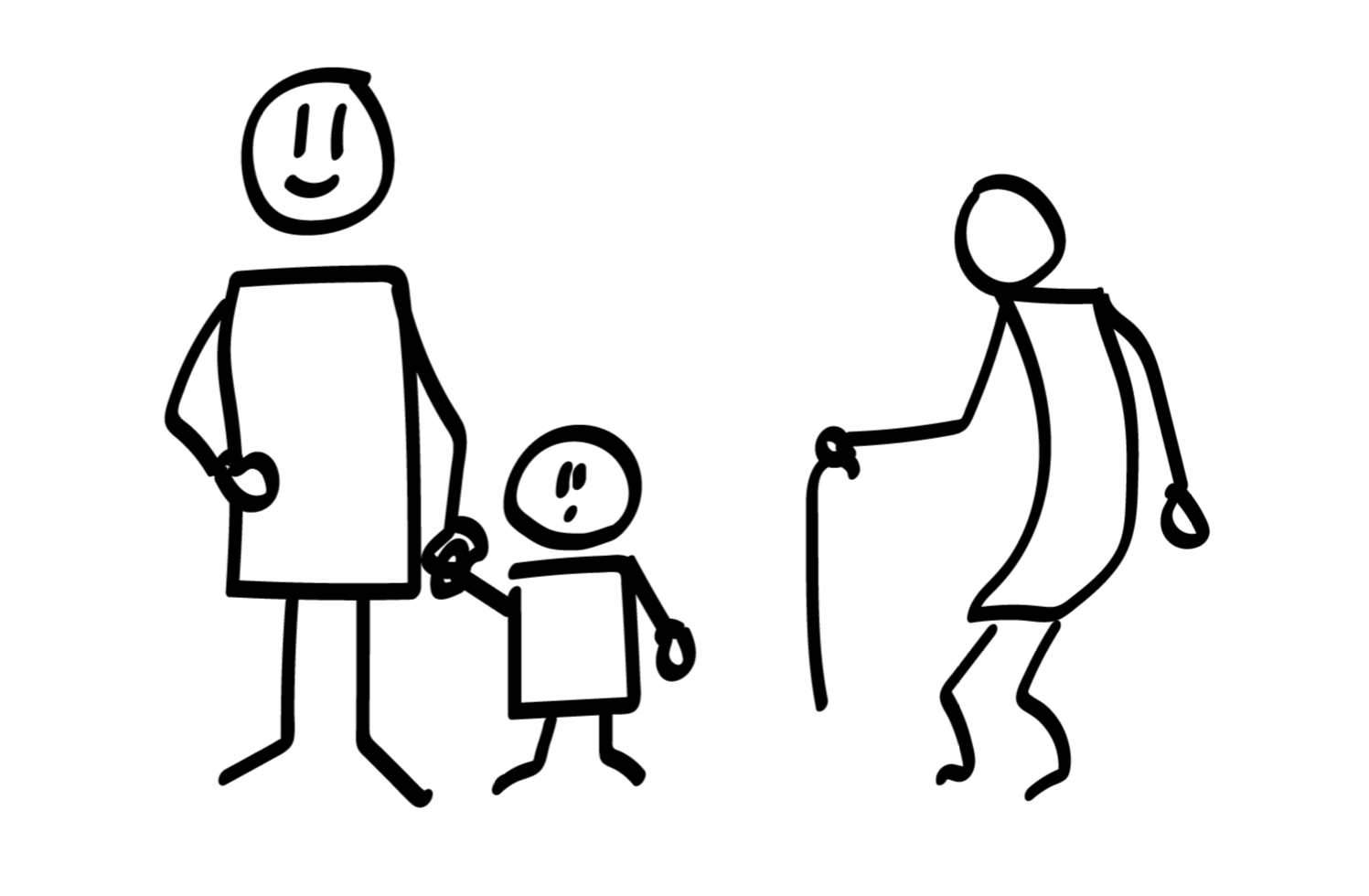 Drawing of a middleaged person, a child and an old person