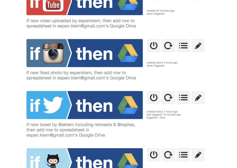 IFTTT recipes storing data from Youtube, Instagram, Twitter and GitHub to a Google Drive Spreadsheet.